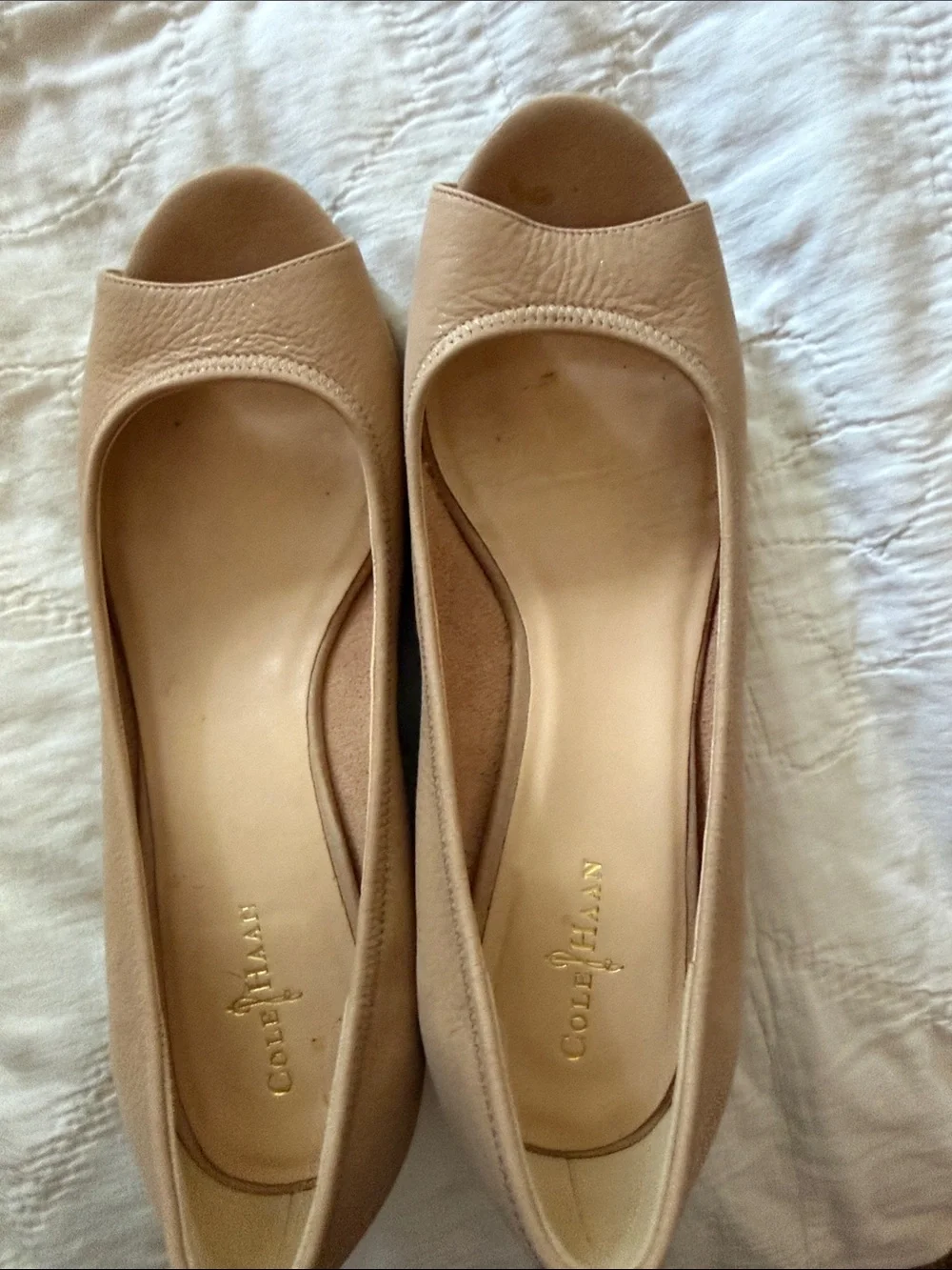 Cole Haan Beige Peep-Toe Leather Flats